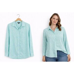 Paperwhite Linen Shirt Top Size 4 Mint Green White Print Long Sleeve